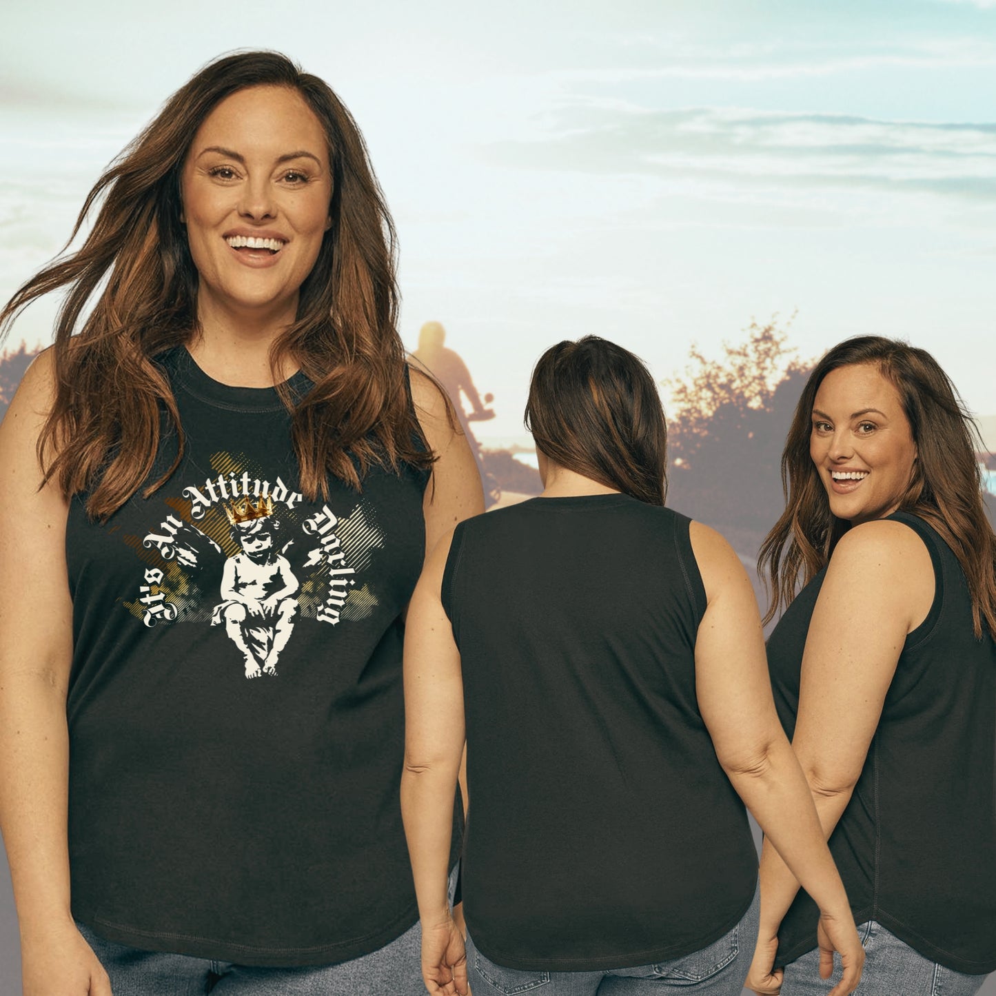 Motorcycle "It's An Attitude Darling" Cupid with Gold Crown LAT Curvy Relaxed Jersey Tank