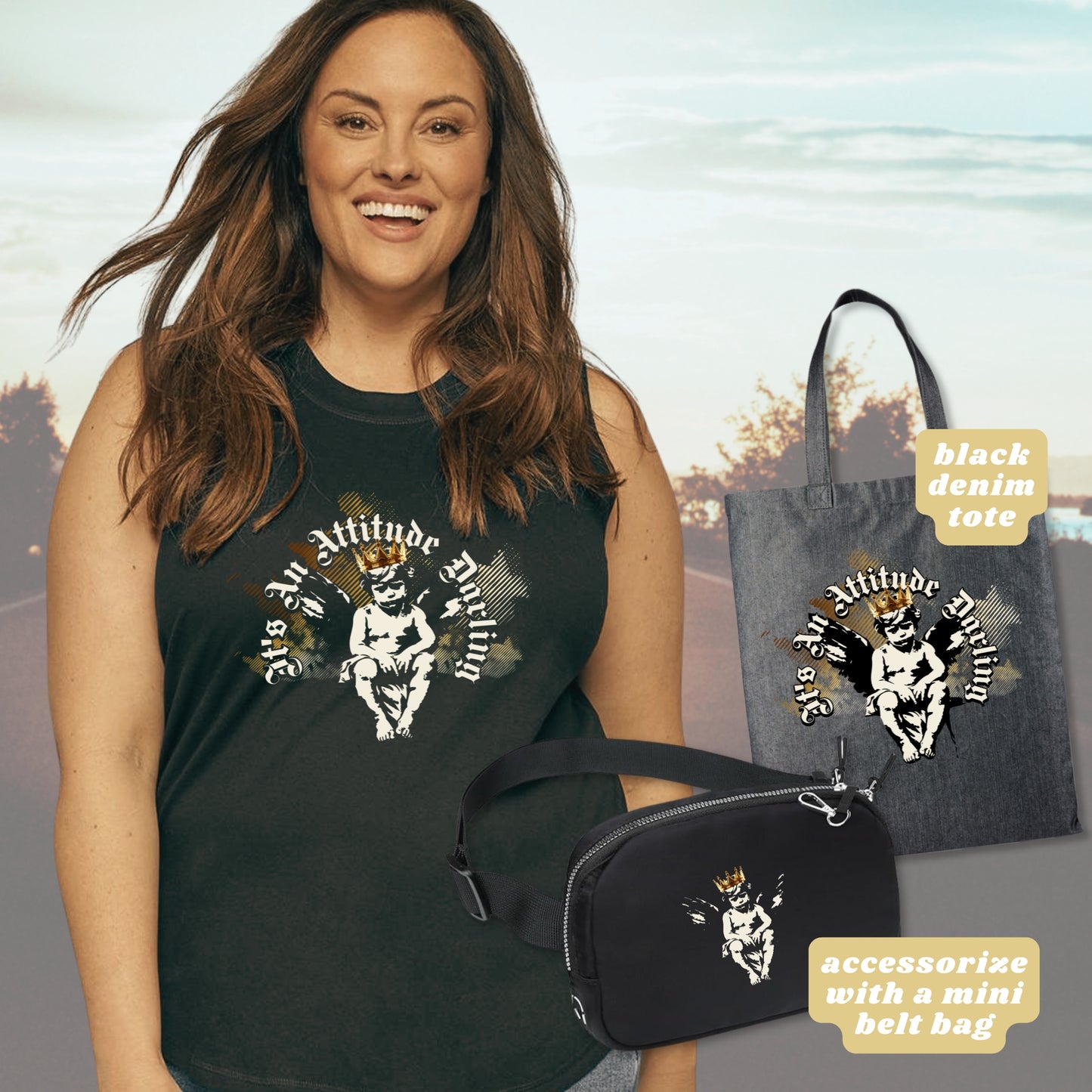 Motorcycle "It's An Attitude Darling" Cupid with Gold Crown LAT Curvy Relaxed Jersey Tank