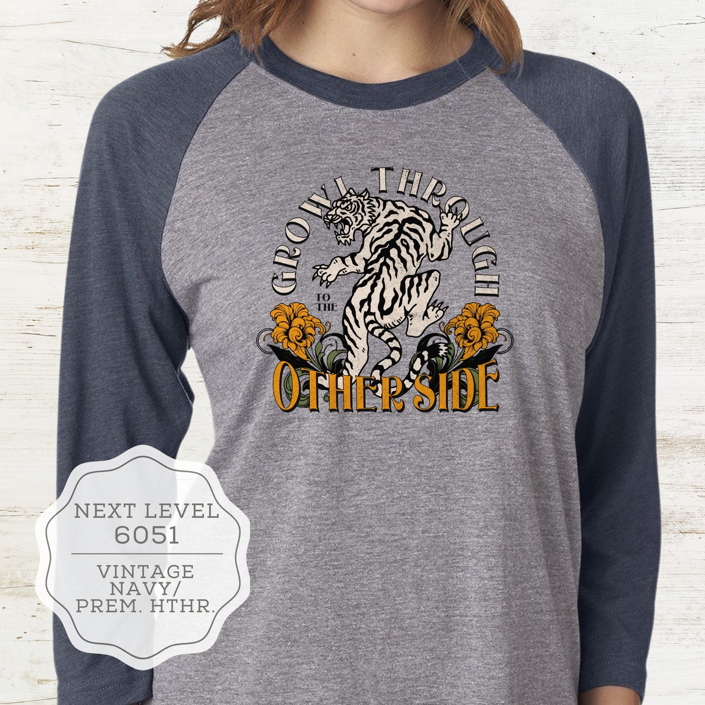 Oriental Tiger "Growl Through to the Other Side" Cancer Survivor Raglan 3/4 Sleeve Shirt 4.3 oz. triblend