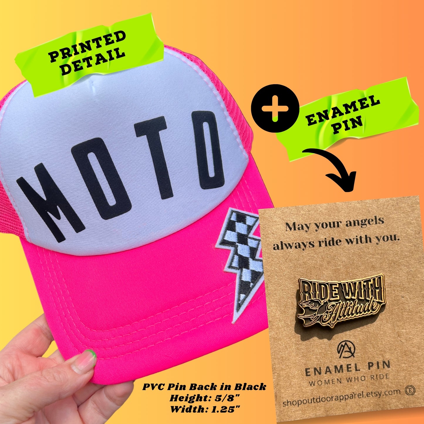 MOTO Foam Trucker Hat: Motorcycle Gift for Biker, Pink and White, Checkered Lightning Bolt Patch