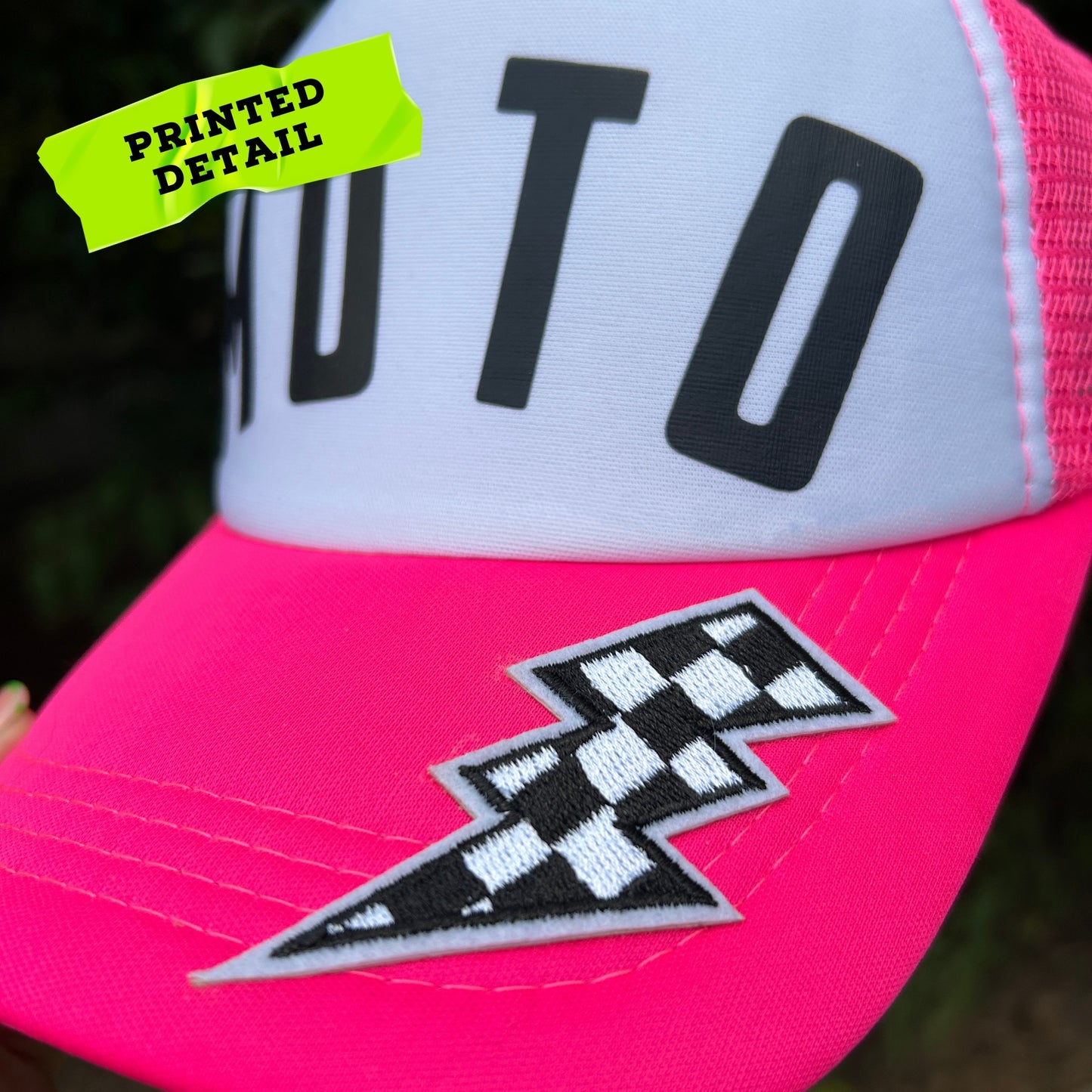 MOTO Foam Trucker Hat: Motorcycle Gift for Biker, Pink and White, Checkered Lightning Bolt Patch