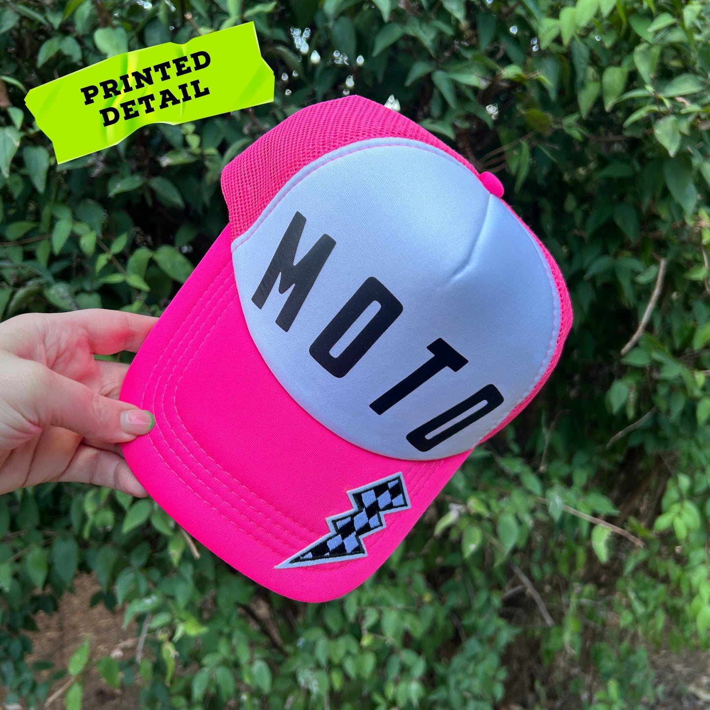 MOTO Foam Trucker Hat: Motorcycle Gift for Biker, Pink and White, Checkered Lightning Bolt Patch