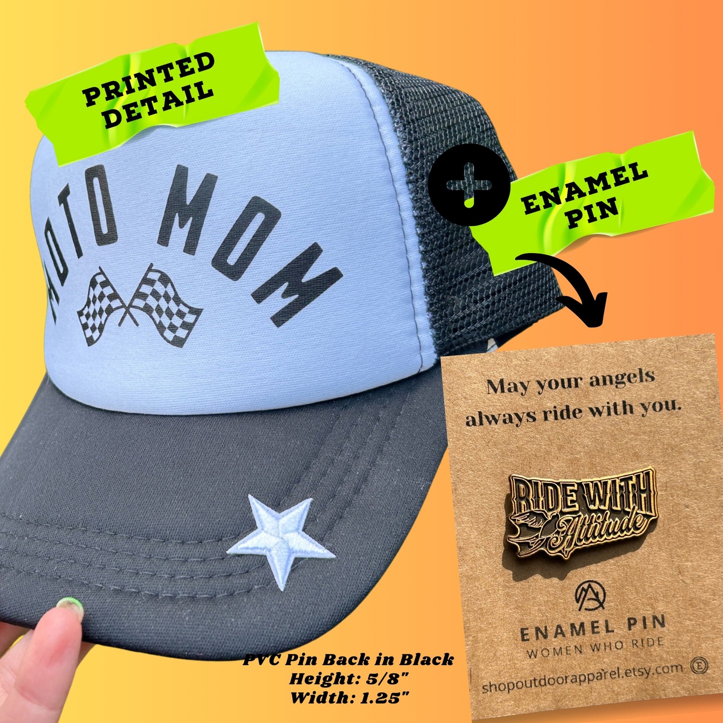MOTO MOM Foam Trucker Hat: Motorcycle Gift for Biker, Black with White Star Patch