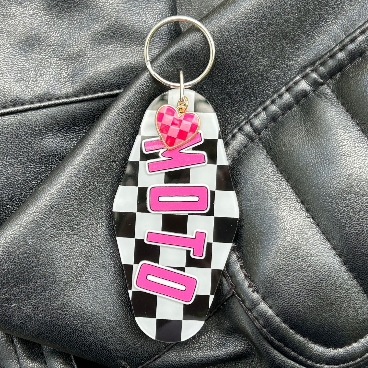 MOTO Foam Trucker Hat: Motorcycle Gift for Biker, Pink and White, Checkered Lightning Bolt Patch