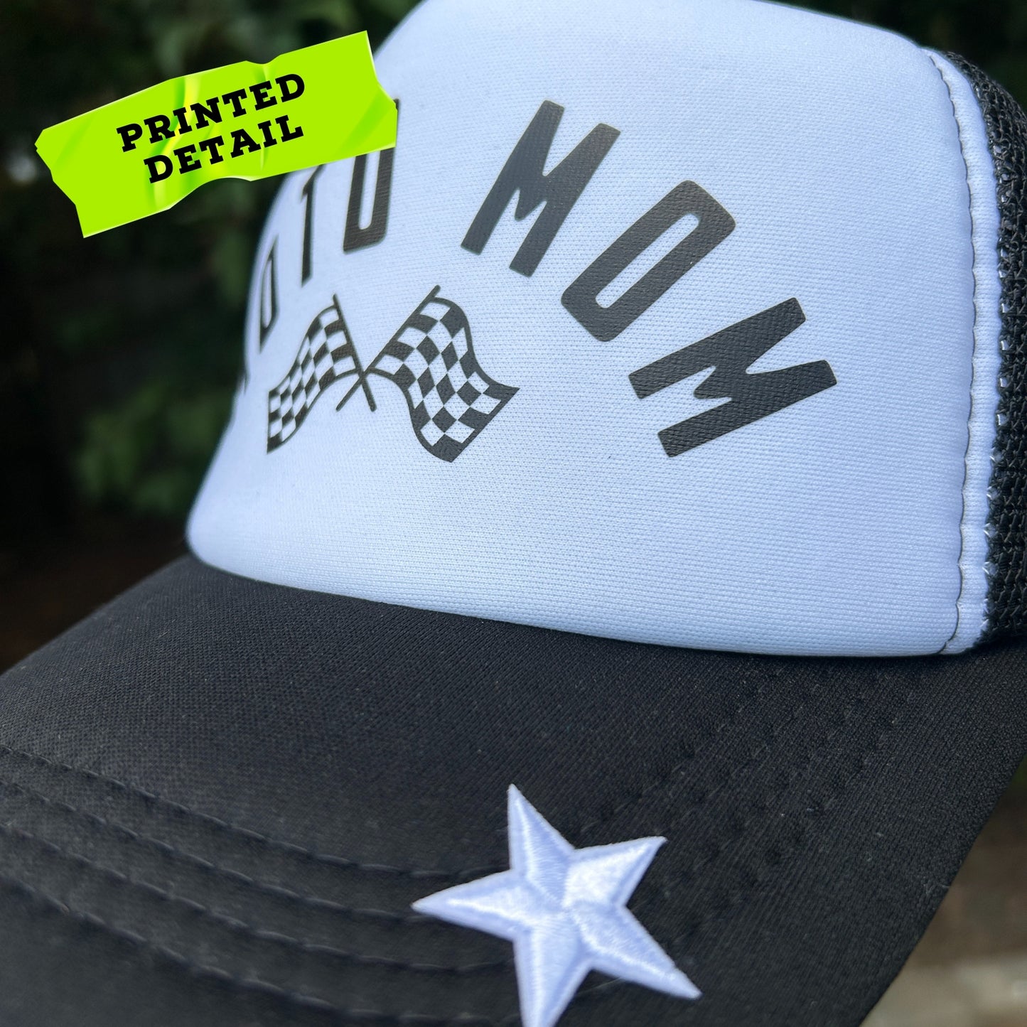 MOTO MOM Foam Trucker Hat: Motorcycle Gift for Biker, Black with White Star Patch