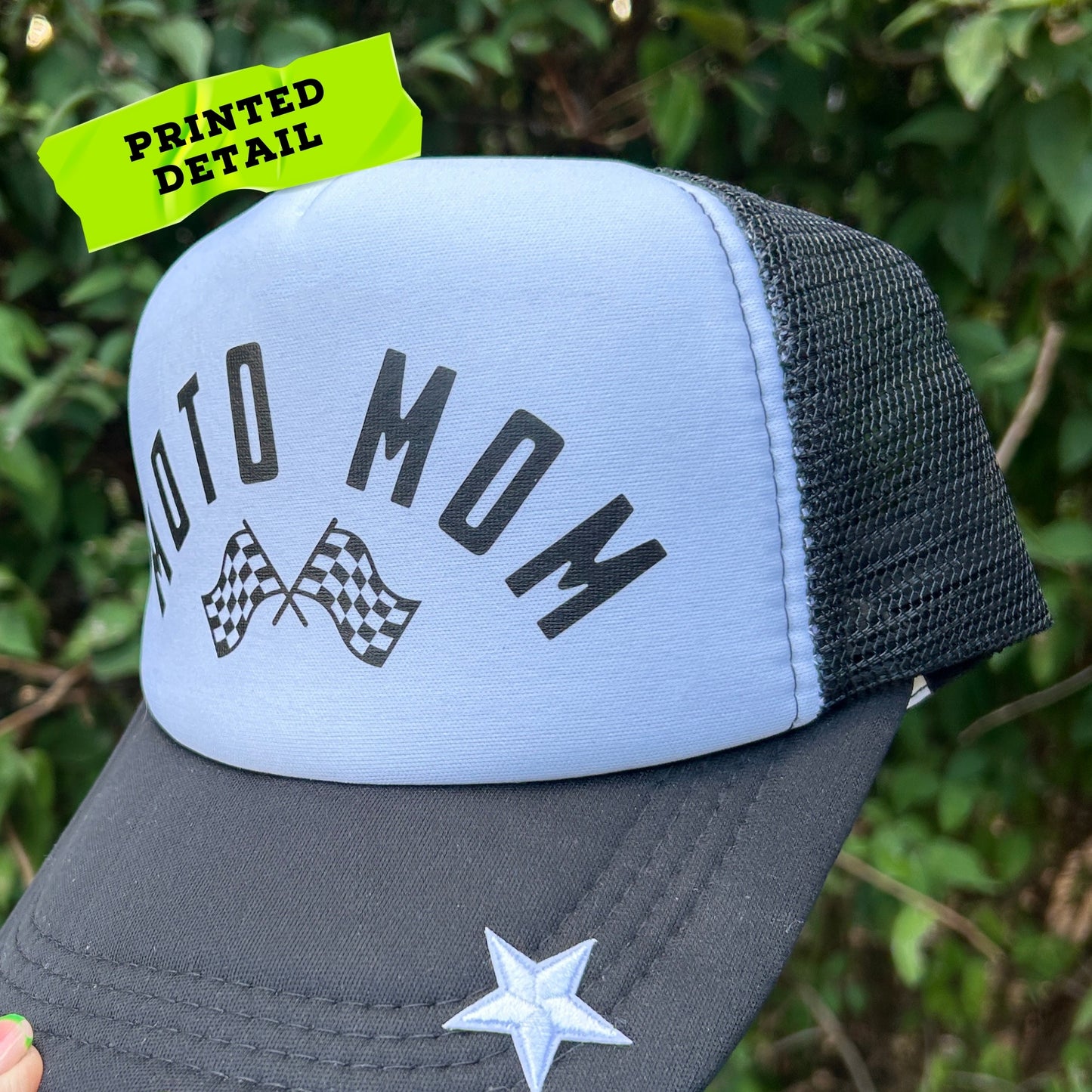 MOTO MOM Foam Trucker Hat: Motorcycle Gift for Biker, Black with White Star Patch