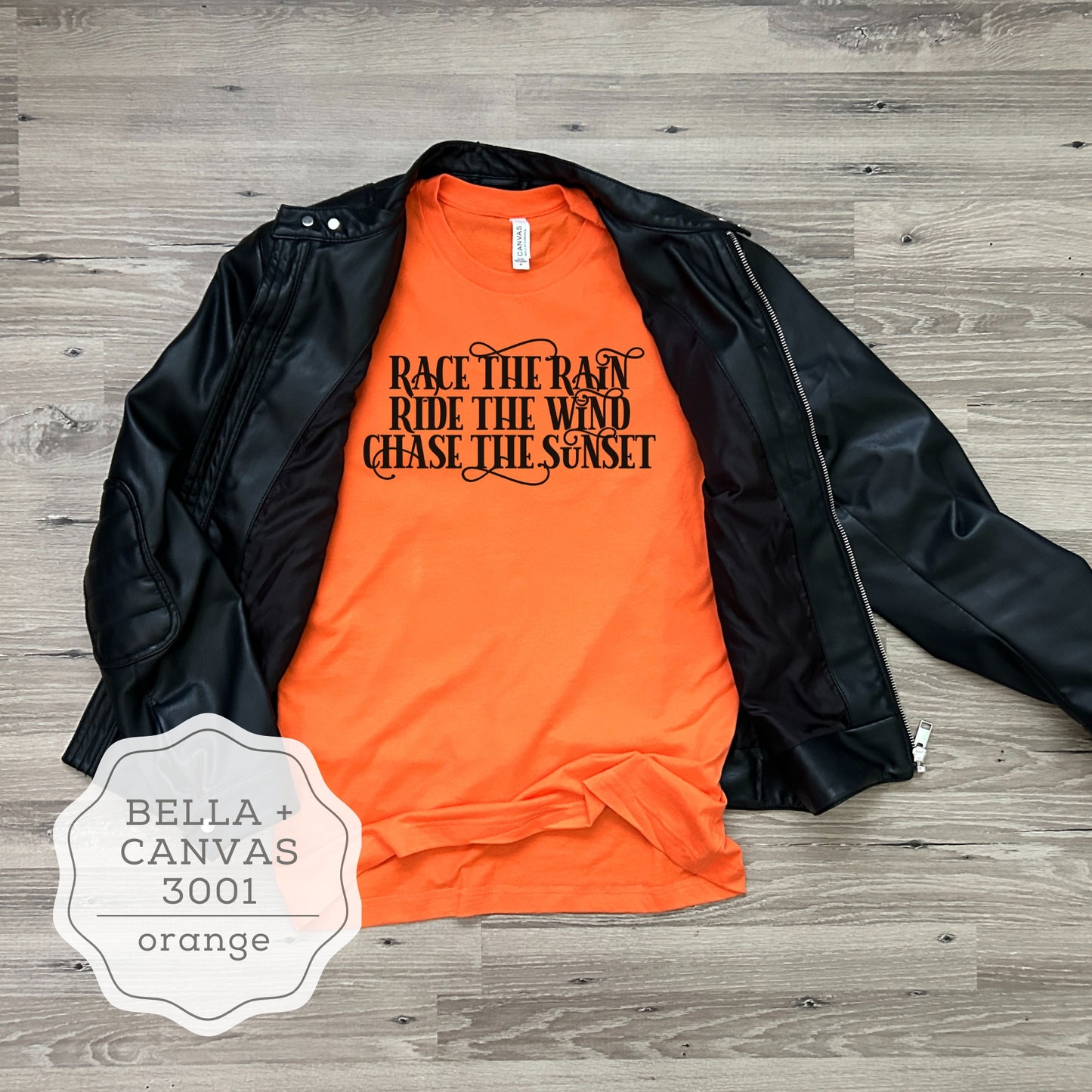 Women's Motorcycle Biker T-Shirt "Race the Rain, Ride the Wind, Chase the Sunset"