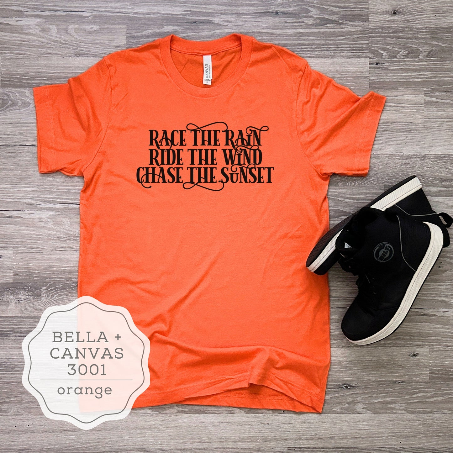 Women's Motorcycle Biker T-Shirt "Race the Rain, Ride the Wind, Chase the Sunset"