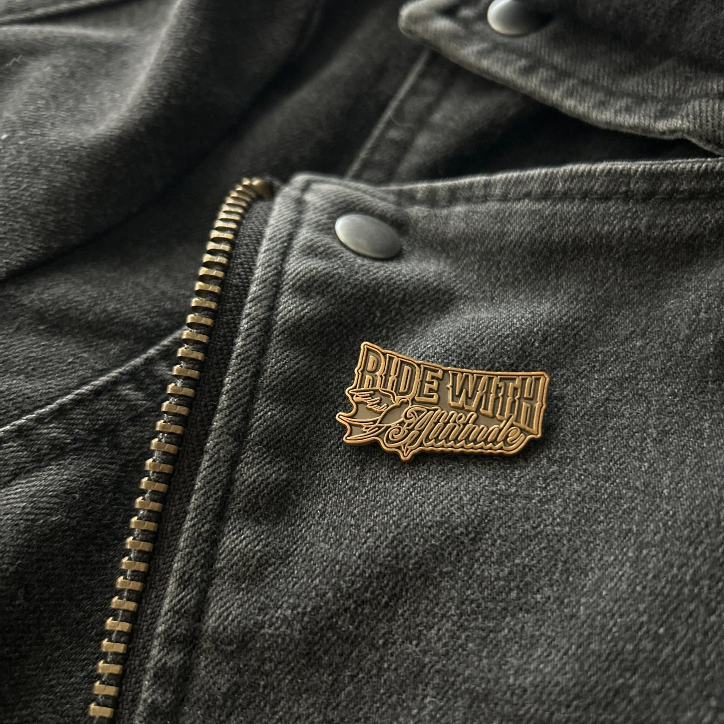 Motorcycle Enamel Pin - Die-Struck Antique Gold Plated - "Ride With Attitude"