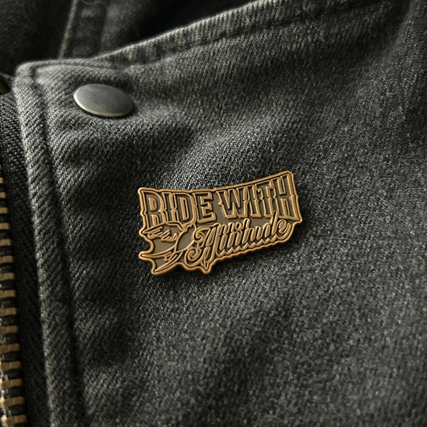 Motorcycle Enamel Pin - Die-Struck Antique Gold Plated - "Ride With Attitude"
