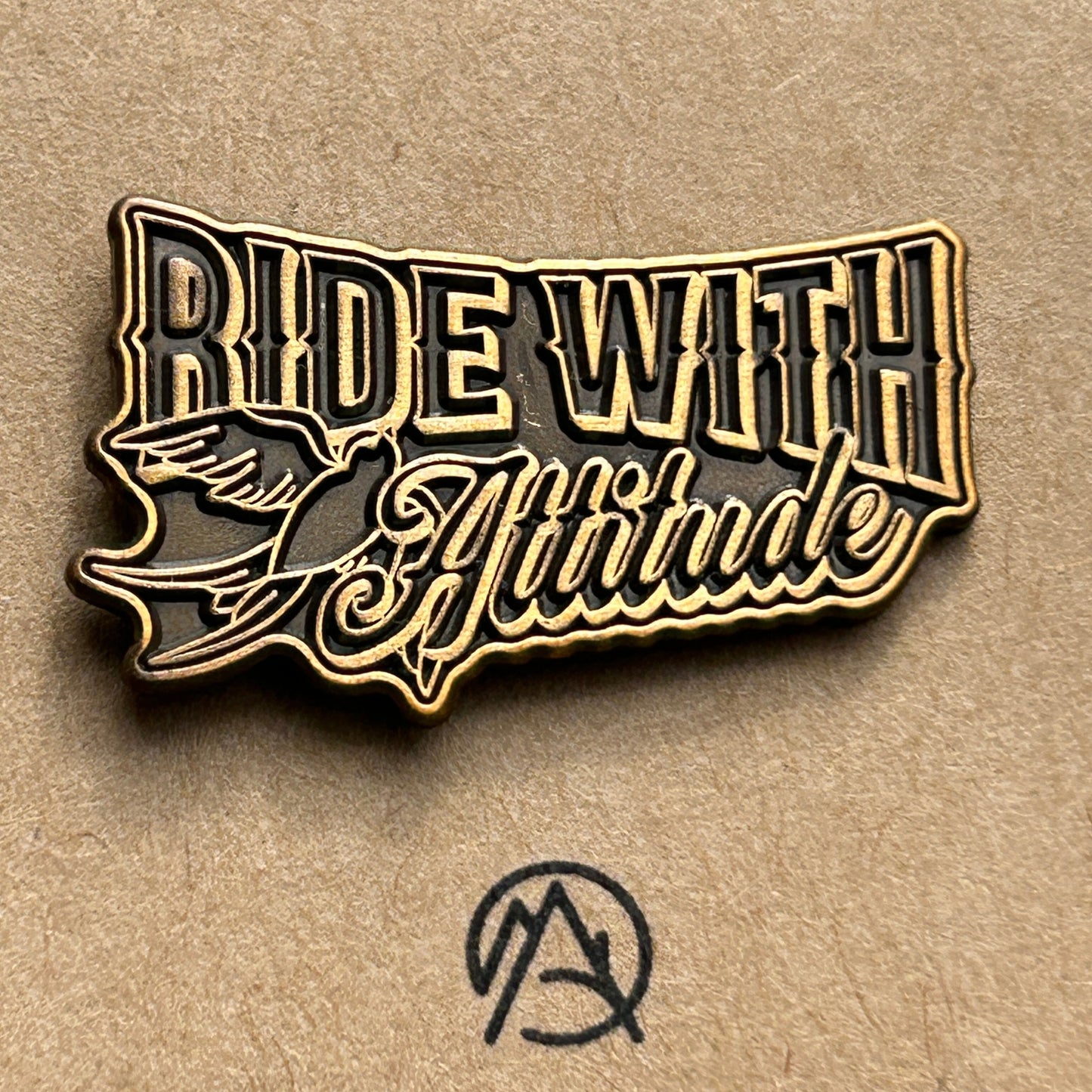 Motorcycle Enamel Pin - Die-Struck Antique Gold Plated - "Ride With Attitude"