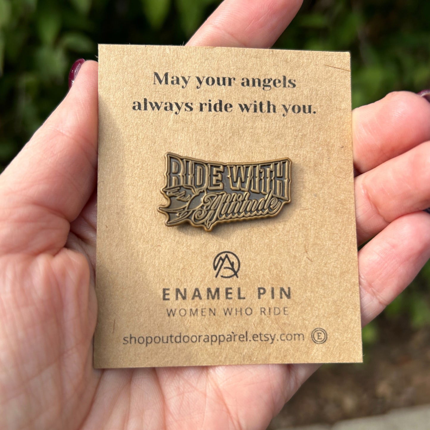 Motorcycle Enamel Pin - Die-Struck Antique Gold Plated - "Ride With Attitude"