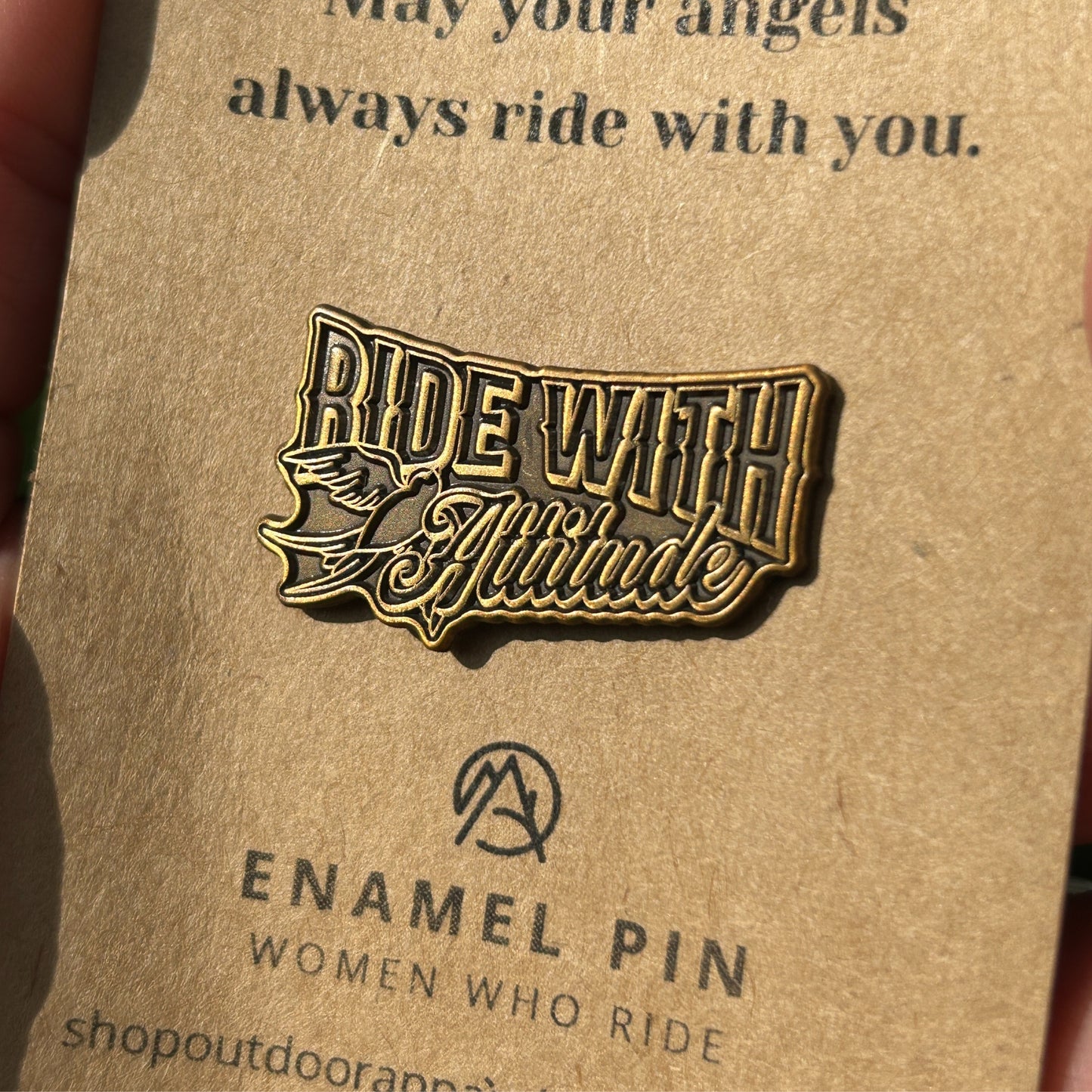 Motorcycle Enamel Pin - Die-Struck Antique Gold Plated - "Ride With Attitude"