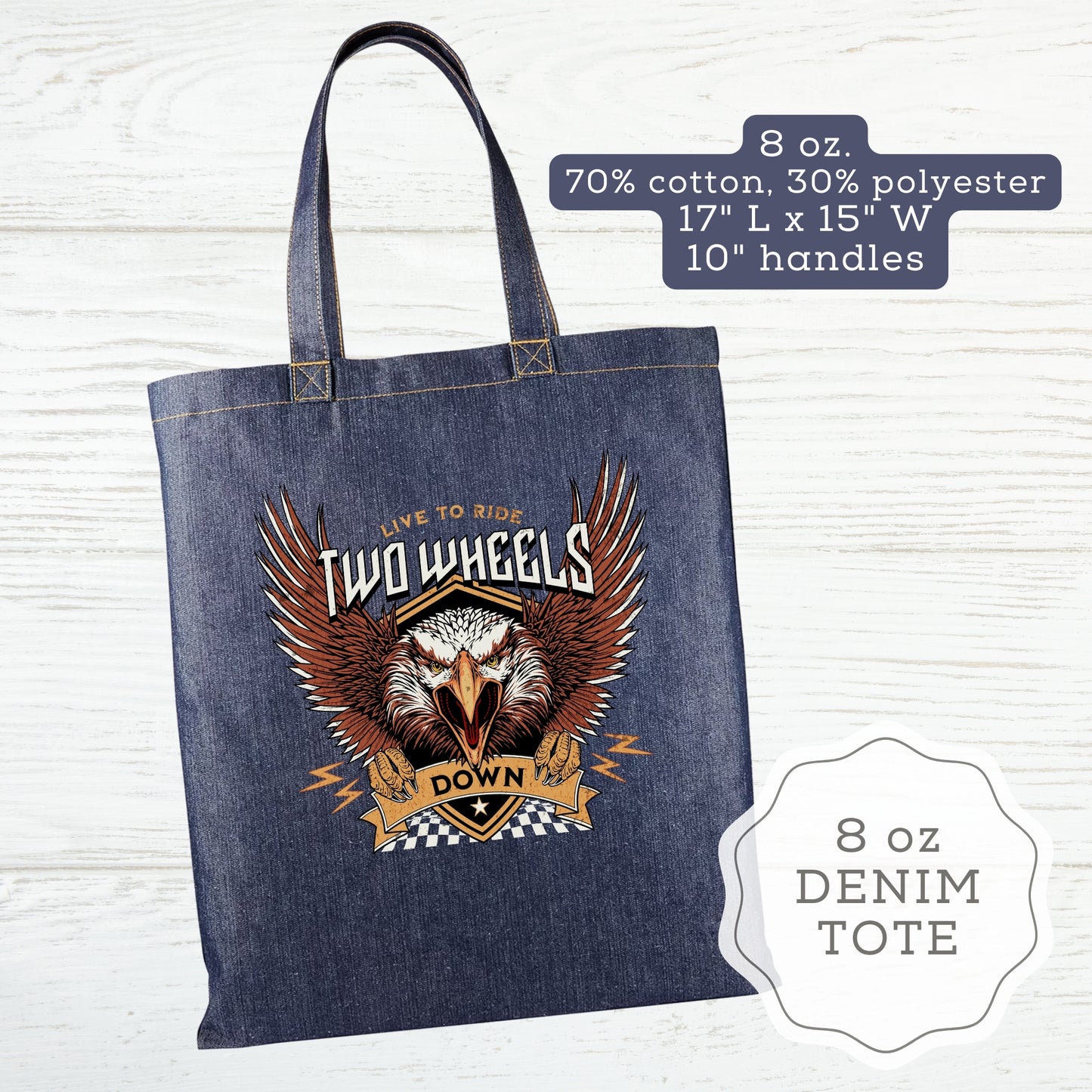 Motorcycle Canvas and Denim Totes "Live to Ride Two Wheels Down"