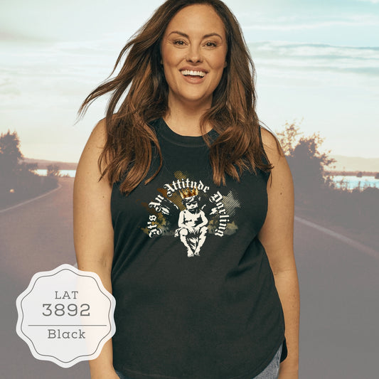 Motorcycle "It's An Attitude Darling" Cupid with Gold Crown LAT Curvy Relaxed Jersey Tank
