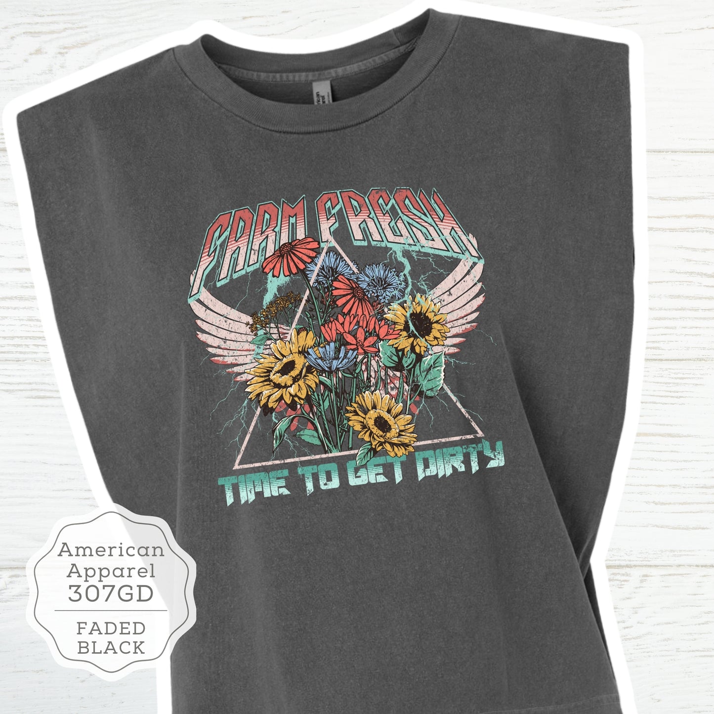 Farm Fresh Farmer's Market Vintage Washed T-Shirt "Time To Get Dirty" Rock-N-Roll Style Graphic