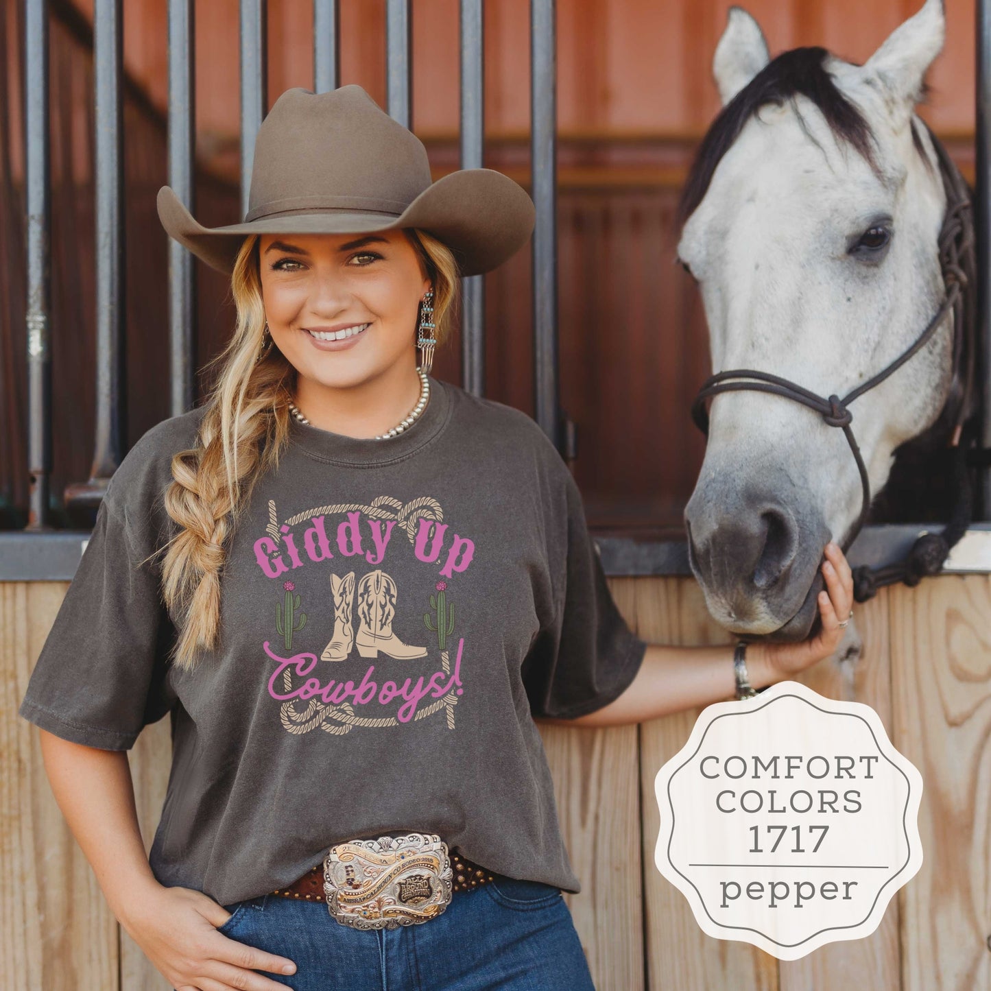Western Cowgirl Short Sleeve T-Shirt "Giddy Up Cowboys"