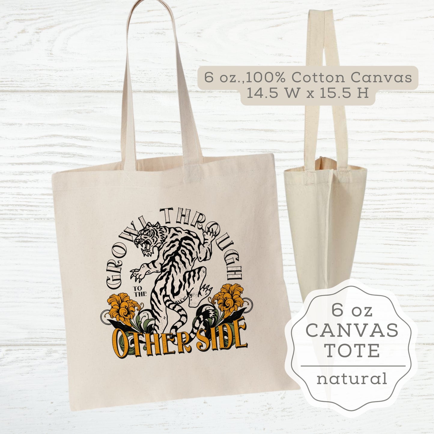 Oriental Tiger "Growl Through to the Other Side" Cancer Survivor Tote Bags