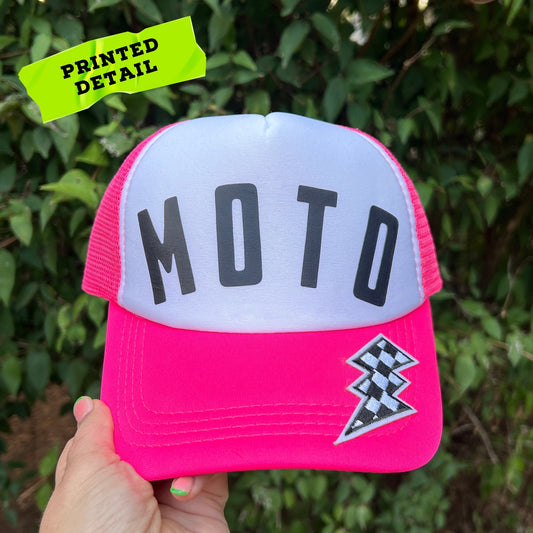 MOTO Foam Trucker Hat: Motorcycle Gift for Biker, Pink and White, Checkered Lightning Bolt Patch
