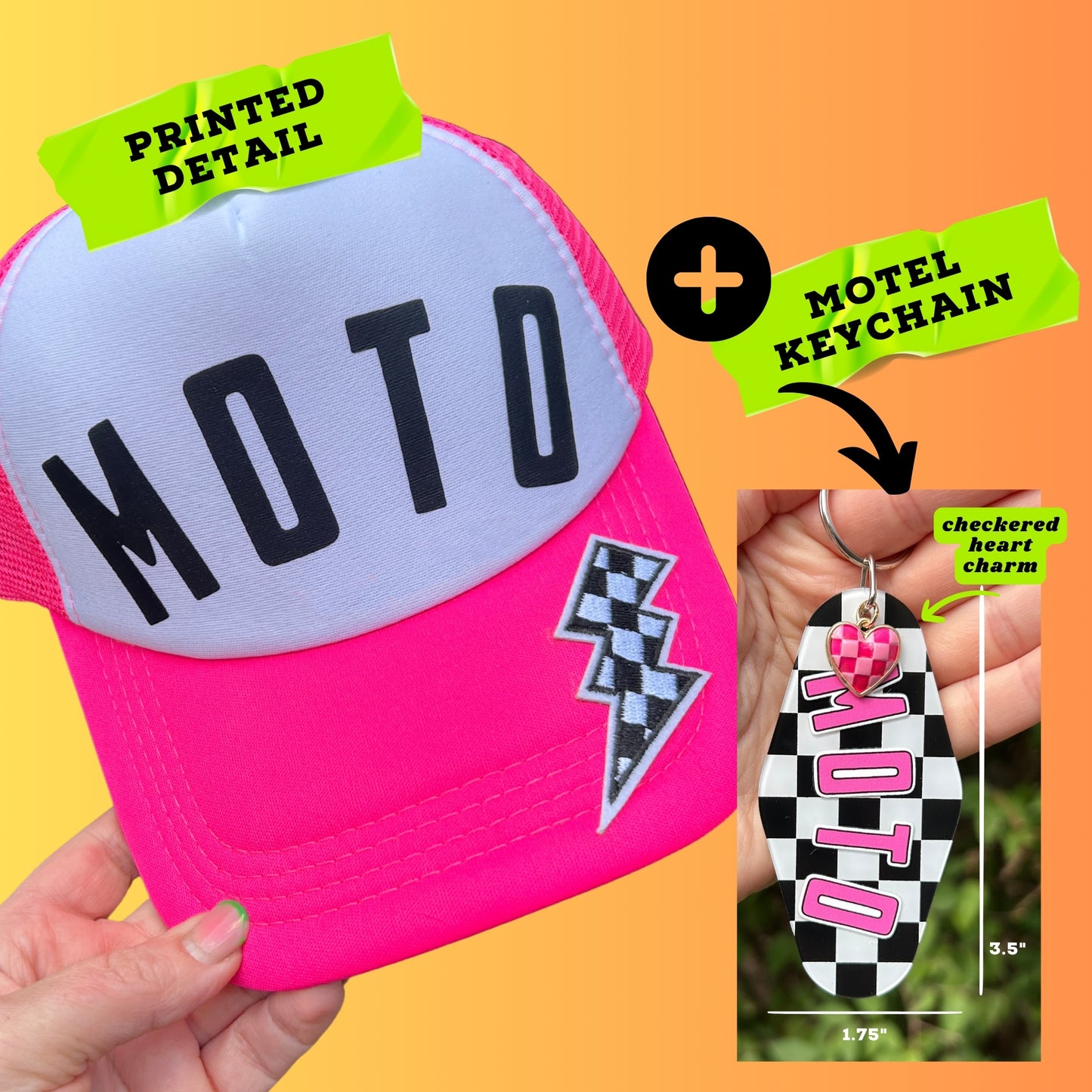 MOTO Foam Trucker Hat: Motorcycle Gift for Biker, Pink and White, Checkered Lightning Bolt Patch
