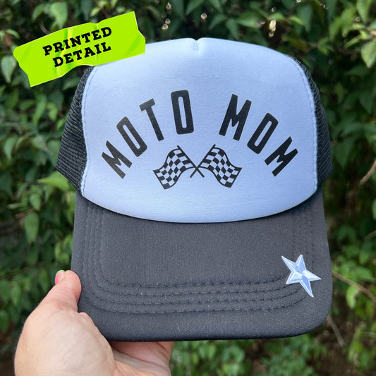 MOTO MOM Foam Trucker Hat: Motorcycle Gift for Biker, Black with White Star Patch