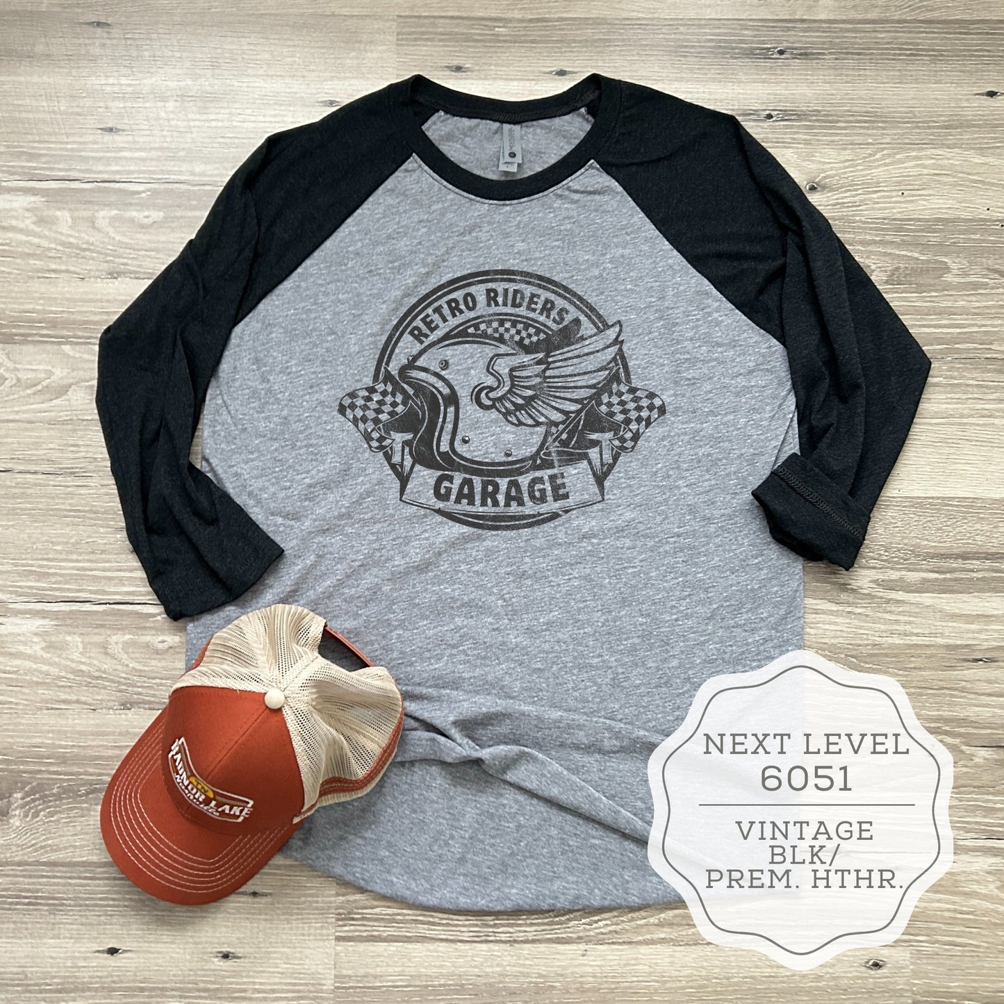 Motorcycle Biker TShirt - Retro Riders Garage Raglan Cafe Racer 3/4 Sleeve Shirt 4.3 oz. triblend