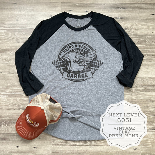 Motorcycle Biker TShirt - Retro Riders Garage Raglan Cafe Racer 3/4 Sleeve Shirt 4.3 oz. triblend