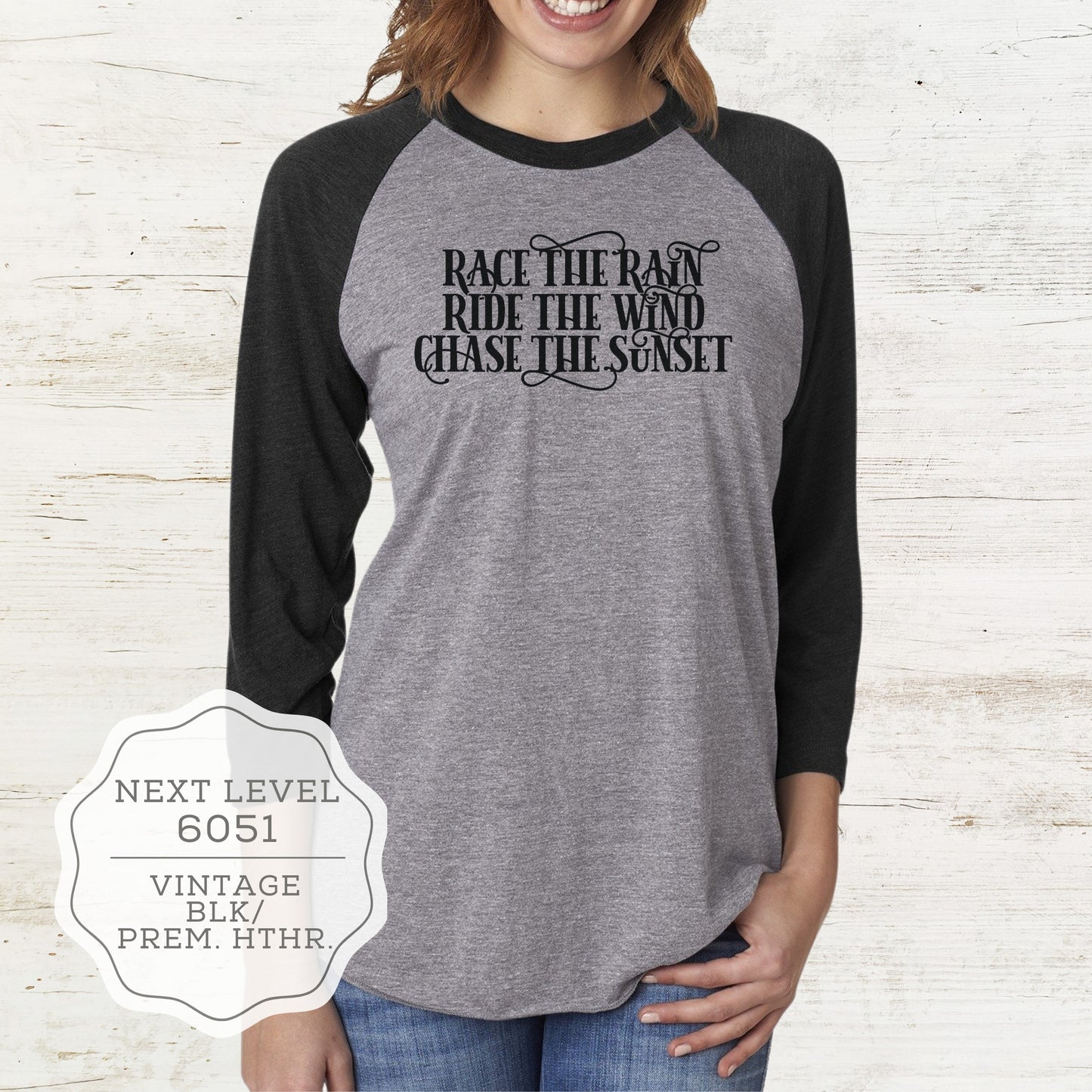 Women's Motorcycle Quote Biker Raglan 3/4 Sleeve Shirt 4.3 oz. triblend, "Race the Rain, Ride the Wind, Chase the Sunset"