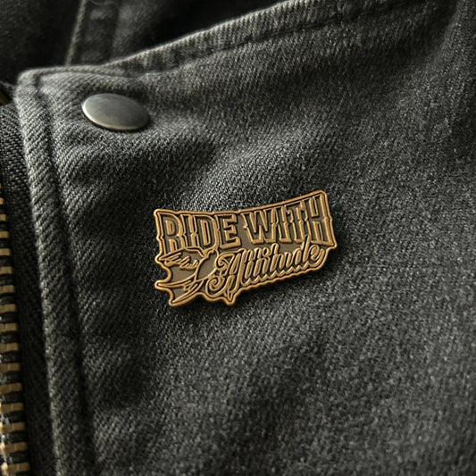 Motorcycle Enamel Pin - Die-Struck Antique Gold Plated - "Ride With Attitude"