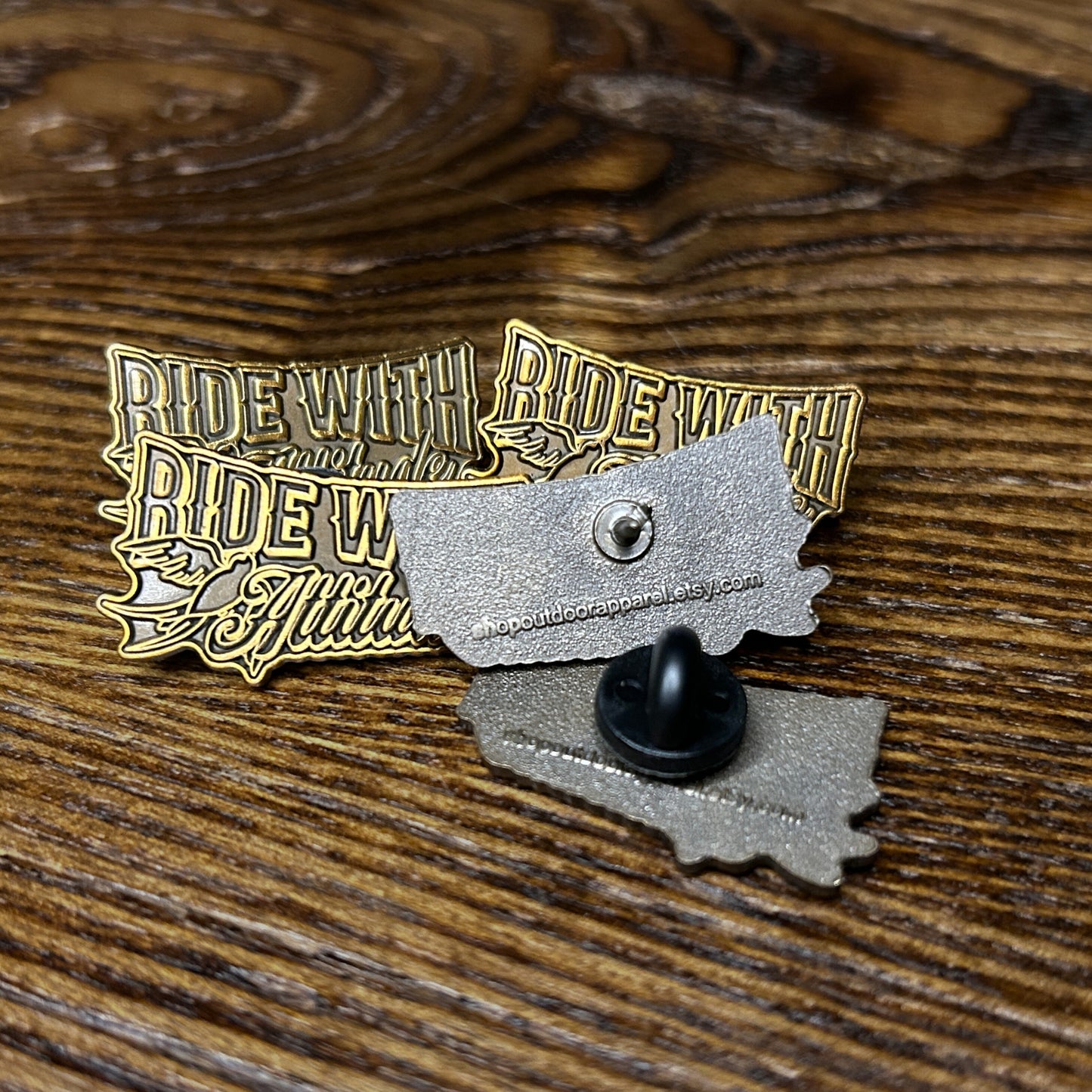 Motorcycle Enamel Pin - Die-Struck Antique Gold Plated - "Ride With Attitude"