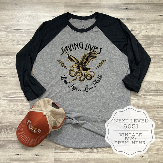 Raglan 3/4 Sleeve Shirt 4.3 oz. triblend Motorcycle Biker TShirt - Loud Pipes, Loud Thrills