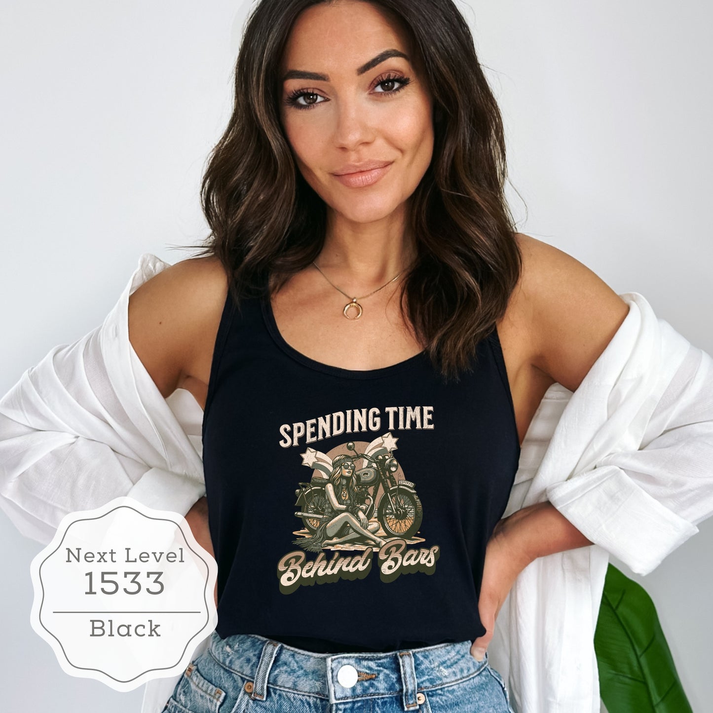 Women's Motorcycle 1970s Style Biker Tank Top "Spending Time Behind Bars"