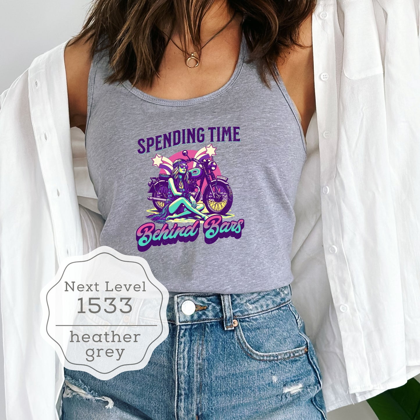 Women's Motorcycle 1970s Style Biker Tank Top "Spending Time Behind Bars"