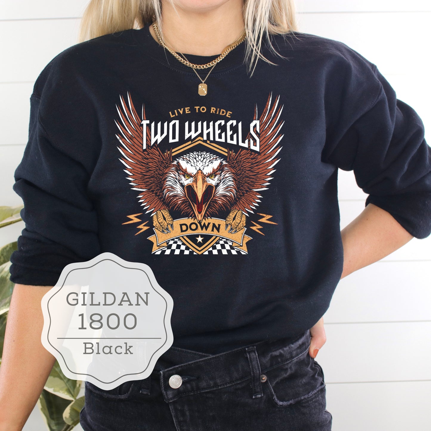 Women's Motorcycle Biker T-Shirt "Live to Ride Two Wheels Down" Sweatshirt 8.0 oz. G1800