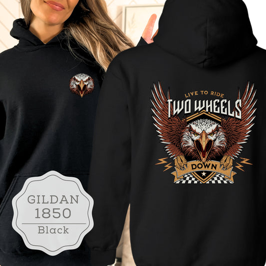 Motorcycle "Two Wheels Down" Eagle Gildan1850 Pullover Hoodie Sweatshirt